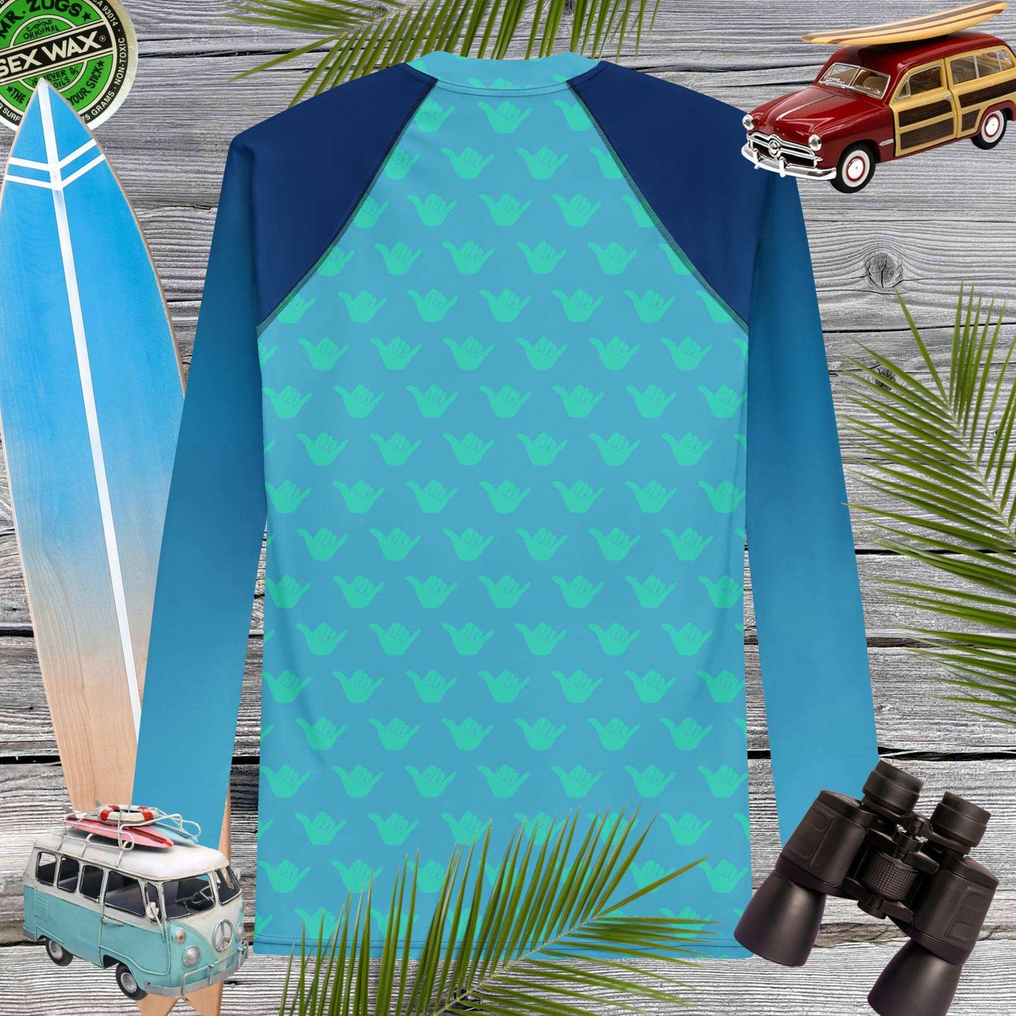 Men's long-sleeve sun rash guard with vibrant Shaka pattern, perfect for outdoor sports and UPF 50+ sun protection.