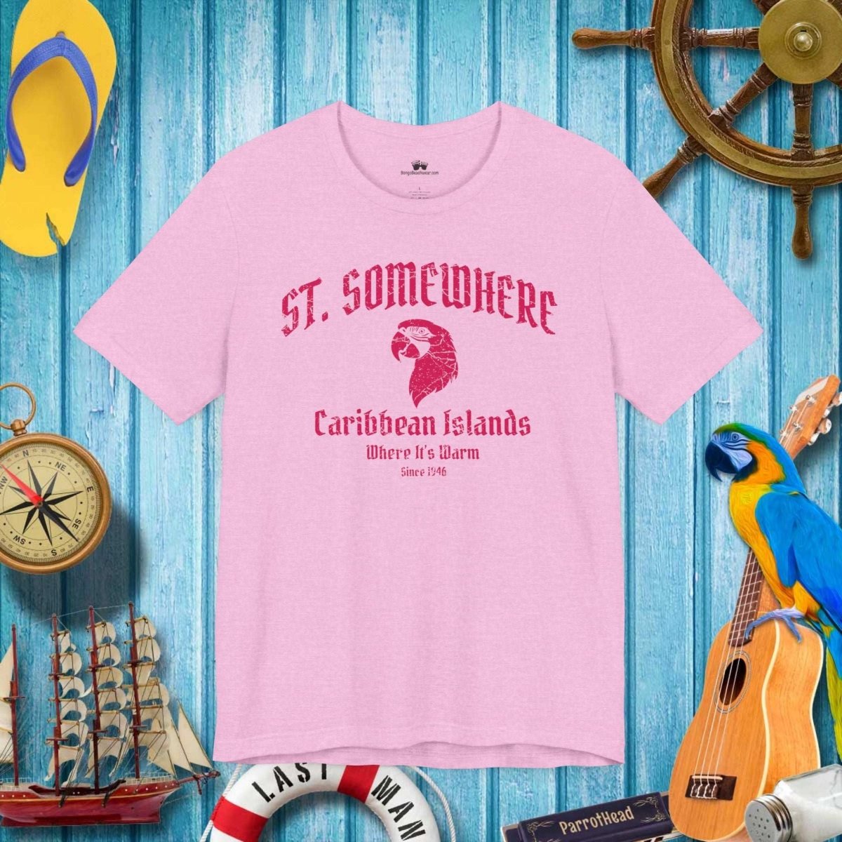 Bella Canvas Heather Bubble gum tee featuring a parrot head St. Somewhere design over a background of ParrotHead Icons and a rustic nautical wall of of some marina