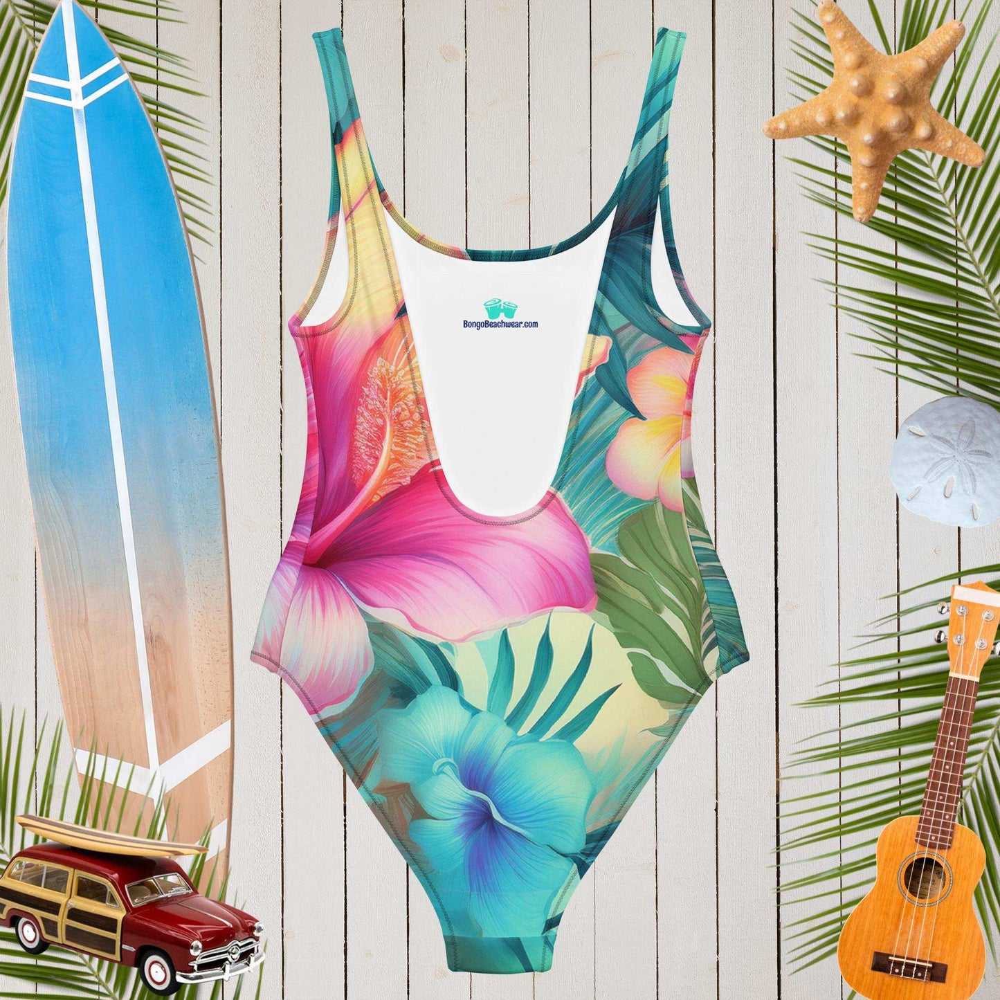 Back side of Tropical floral print one-piece swimsuit