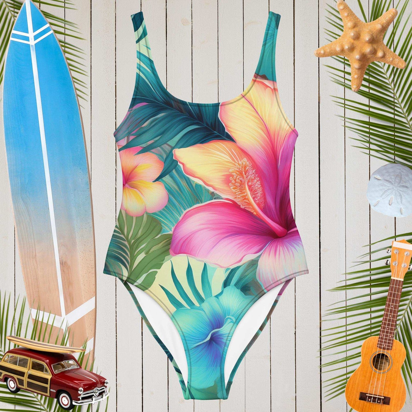 Tropical floral print one-piece swimsuit surrounded by beach items like a surfboard, starfish, and ukulele.