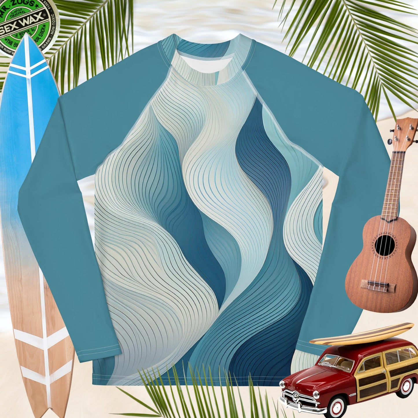 Youth UPF 50+ Rash Guard in ocean wave design, perfect for water sports and sun protection.