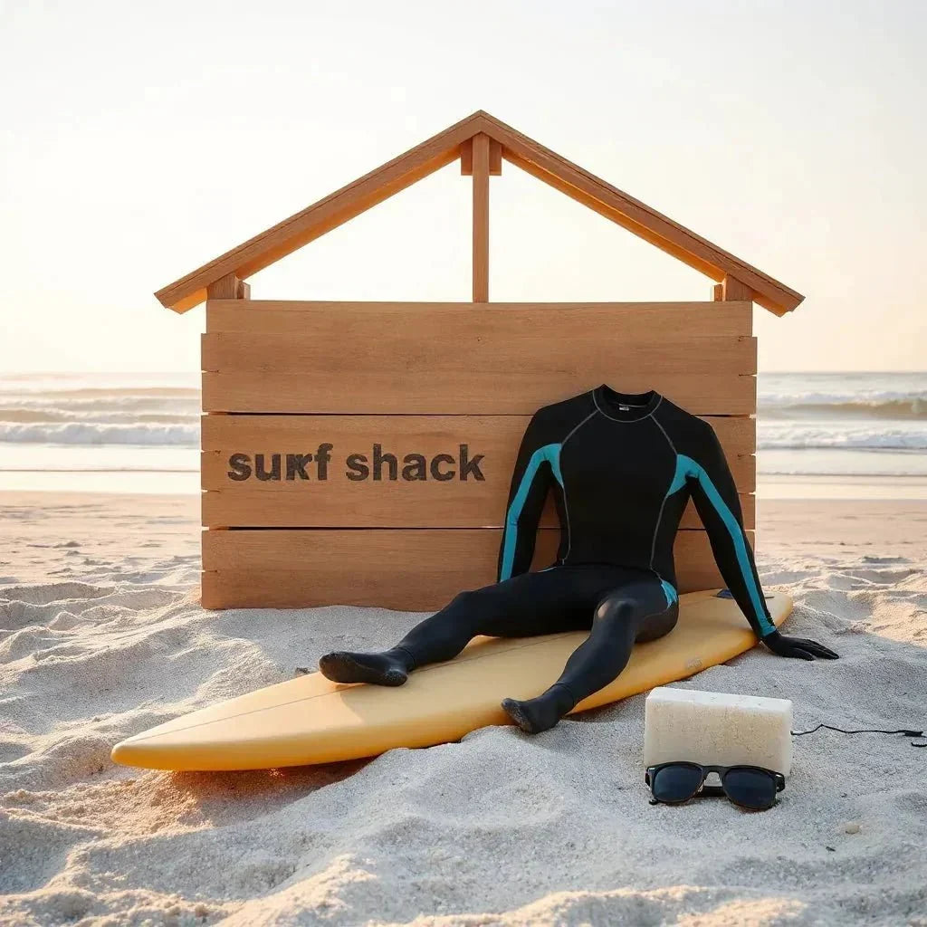 Sunlit beach scene with a surfboard, folded surf gear, and a wooden surfshack-style backdrop.