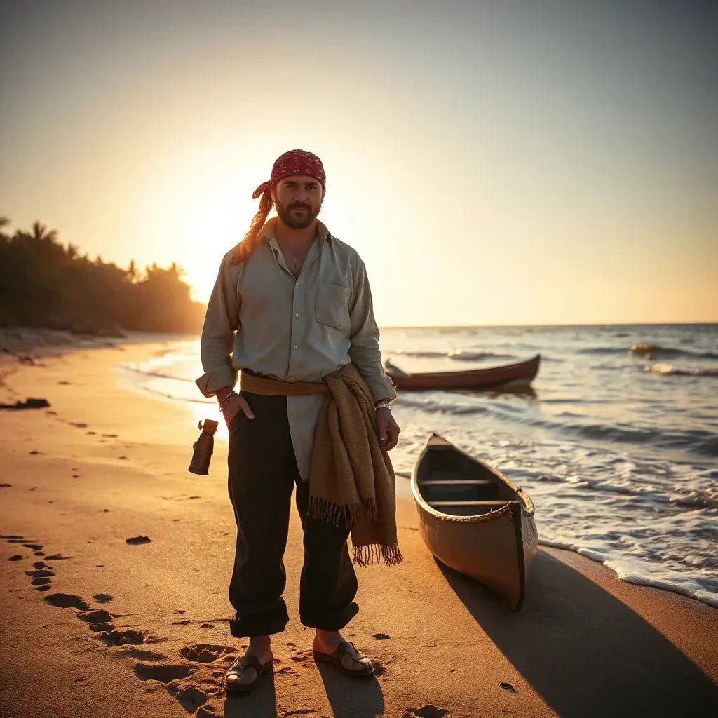Pirate-inspired outfit on a tropical beach near the waves with a spyglass and linen shirt