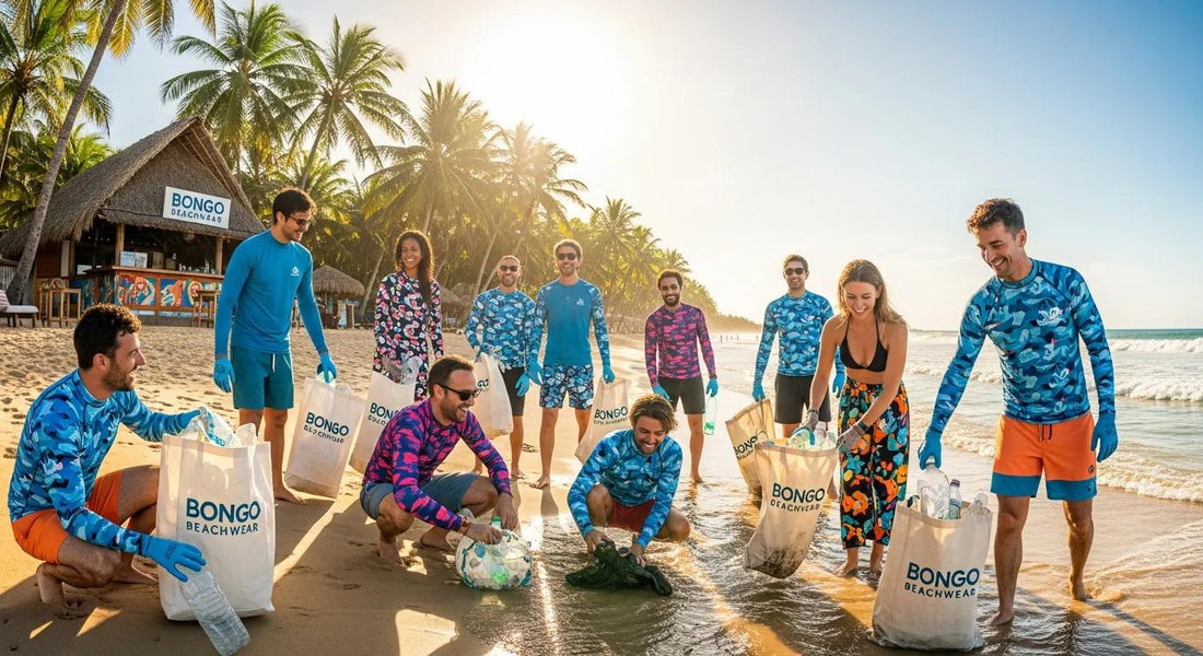 A group of people at Clean Seas beach cleaning party,, enjoying a sun-drenched beach while actively participating in cleanup efforts.