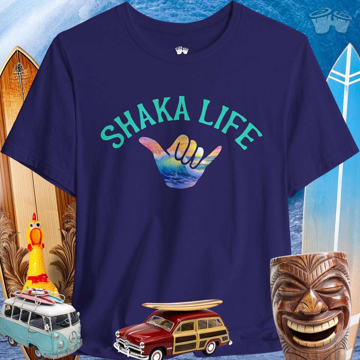 Shaka Sign Tee Shirt on a surf Background