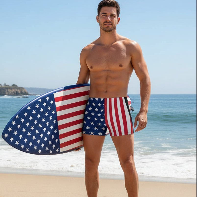 Surfer dude in Americana swim trunks celebrating America's 250th