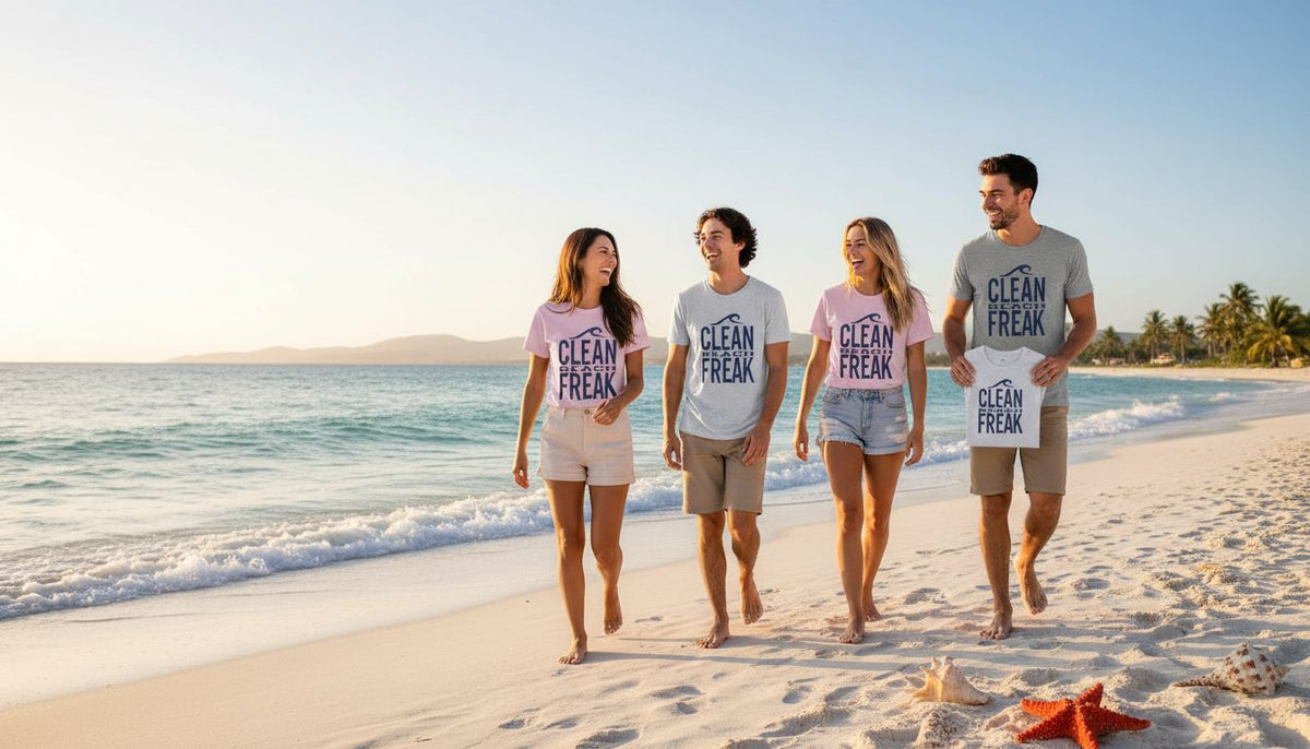 Beach lovers wearing Clean Freak Beach Tees
