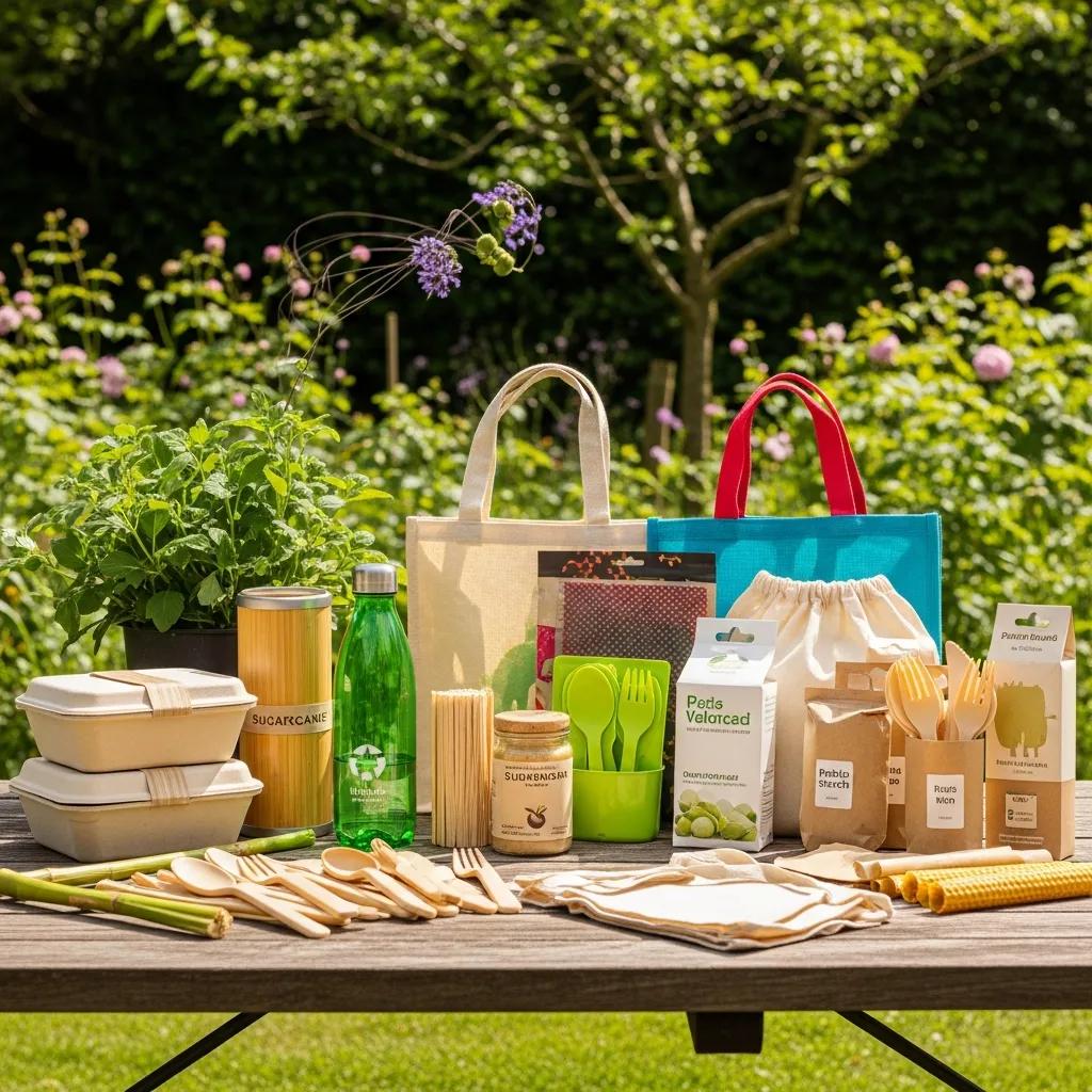 Diverse eco-friendly plastic alternatives displayed in a natural setting, emphasizing sustainability