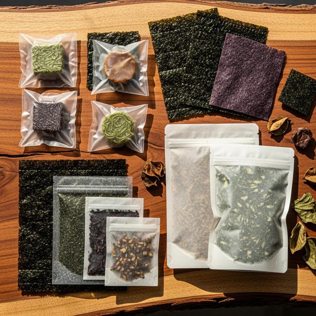 Diverse seaweed packaging materials emphasizing sustainability and innovation
