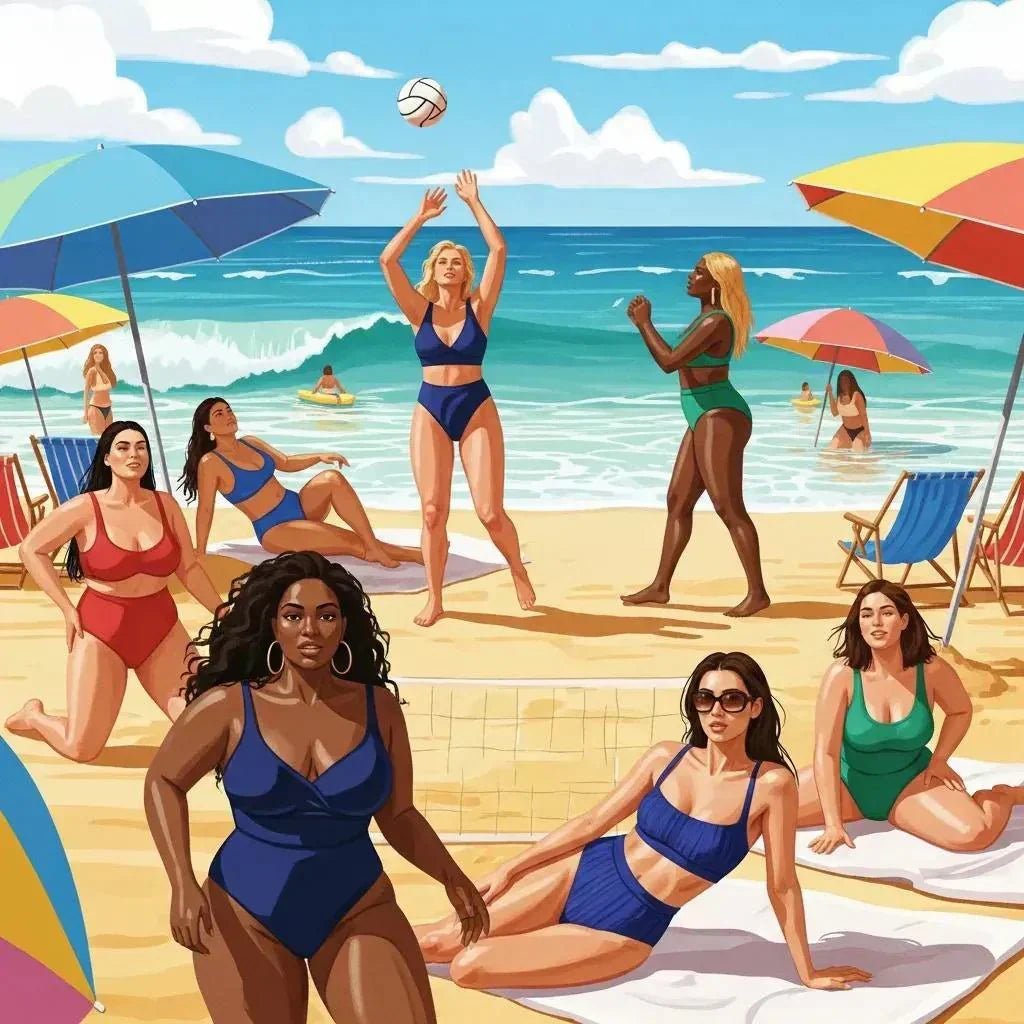 Diverse women in stylish swimsuits enjoying a sunny beach, representing the latest trends in women's swimwear for 2024