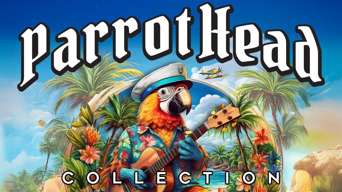ParrotHead Apparel Collection with a Parrot in Paradise playing guitar