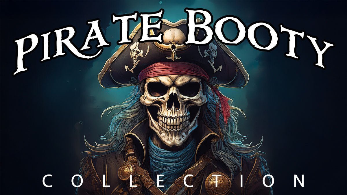 Old style Piracy Booty lettering arched over a human skull wearing a pirate captain's hat