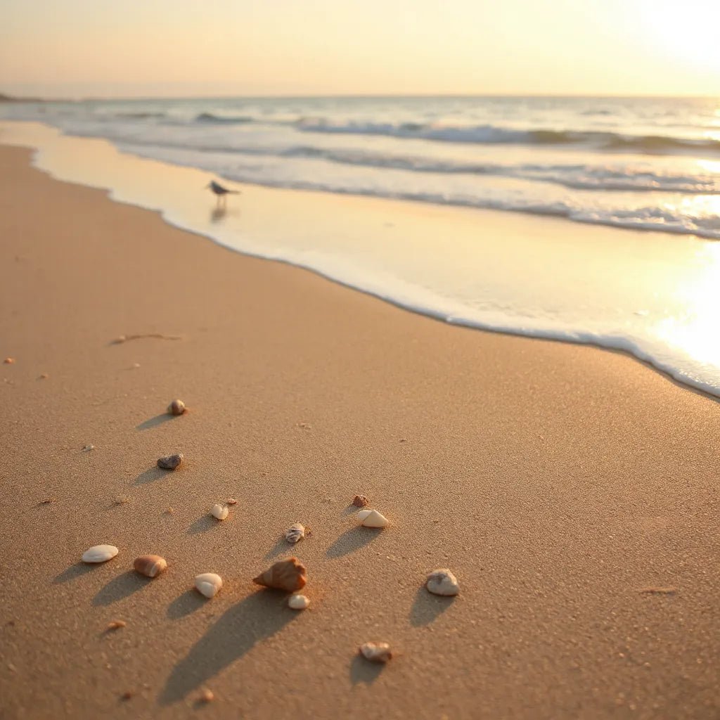 Scattered shells along a wet sandy, Shelling Beach shoreline with gentle waves at golden hour