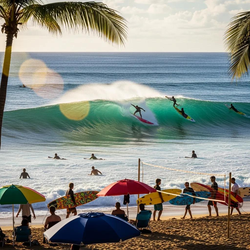 Surfers riding waves in a vibrant beach scene, embodying the essence of surf culture and coastal lifestyle