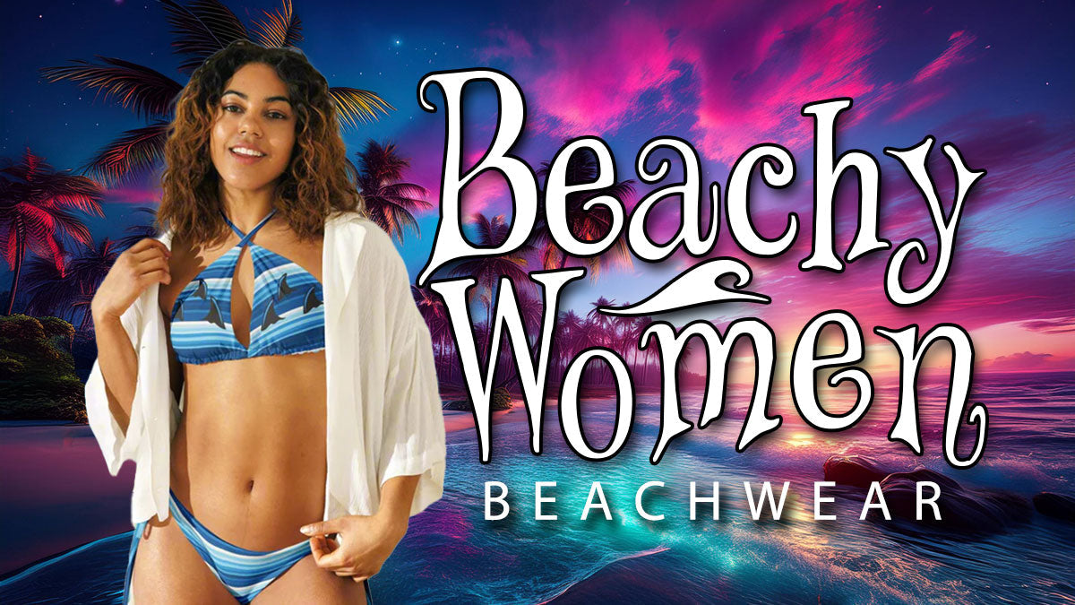 Beachy Women Beachwear in cool bewitching font to the right of a beautiful woman in a string bikini with shark fins to the left and right. A night time beach in the background