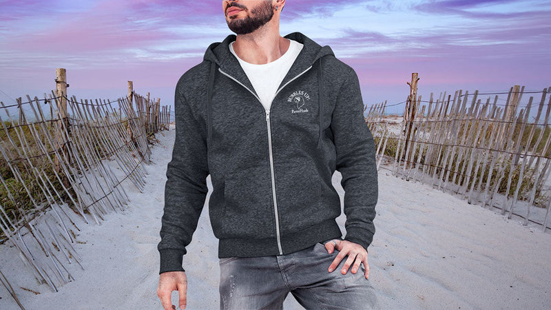 Dude wearing Bubbles UP Zip Hoodie Sweats on Sand Dunes