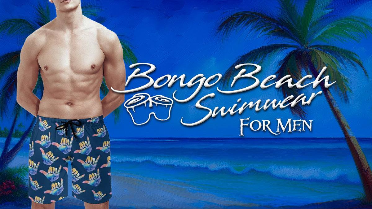 guy standing on the beach wearing surreal shark pattern 