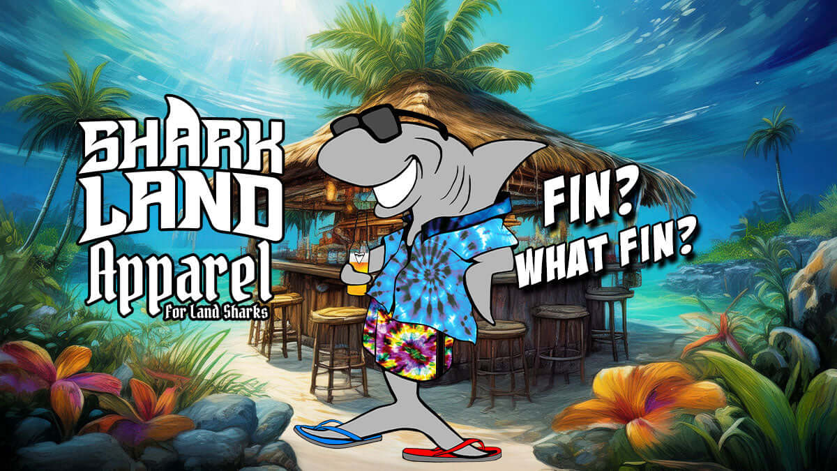 Mr Fin, who is obviously a land shark is leaning against a tiki bar holding a beer. asking "Fin? What Fin?"