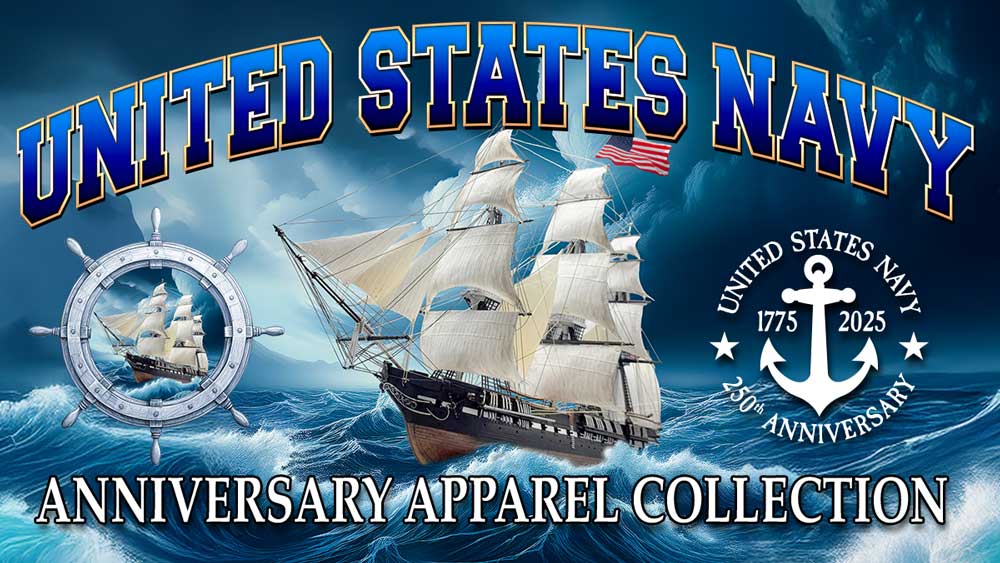 The USS Constitution Navy Ship on Stormy Seas with wording United States Navy Anniversary Apparel Collection