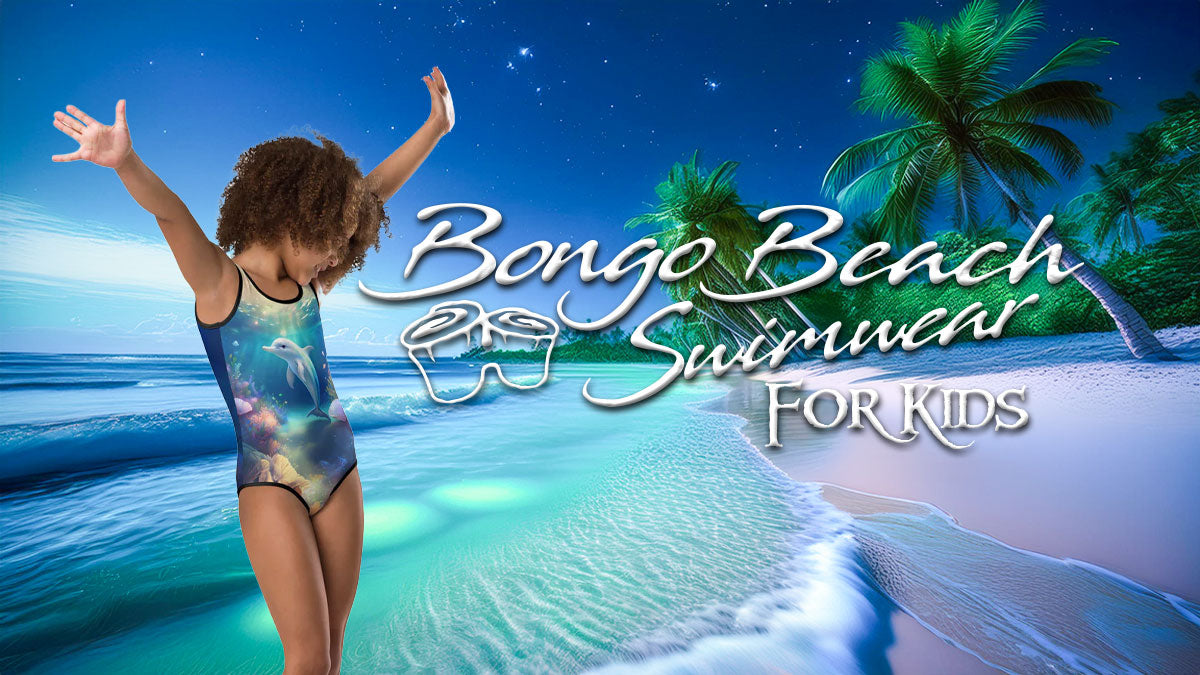 Cute little girl standing in a water park wearing a one piece bathing suit with an ultra cool octopus disign