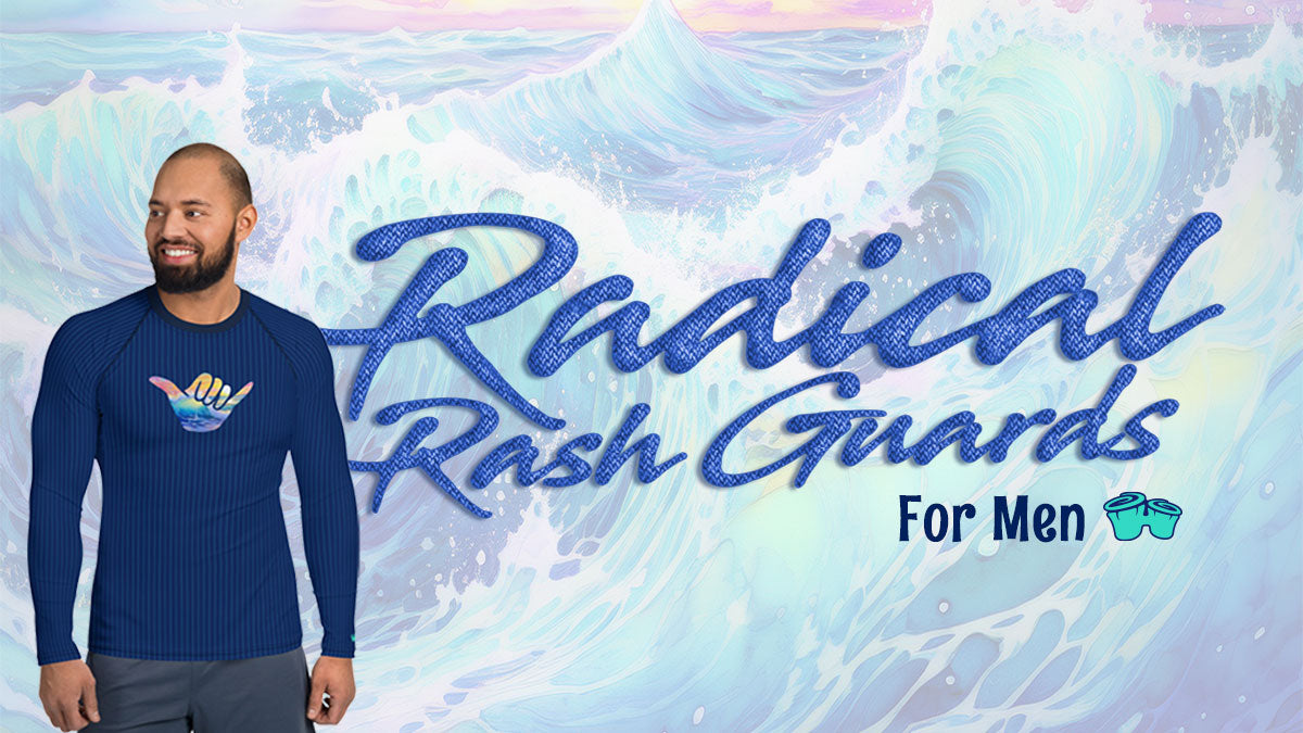 Man wearing a blue Radical Rash Guard, promoting UV sun protection for men with a stylish design.