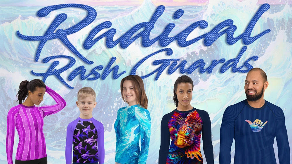 Navy Blue Rashie With Aqua Pinstripes and Shaka Sign on a faded Choppy Seas background