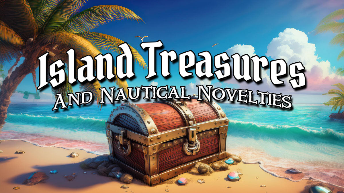 Island Treasures In Pirate Font over Treasure Chest on a deserted beach