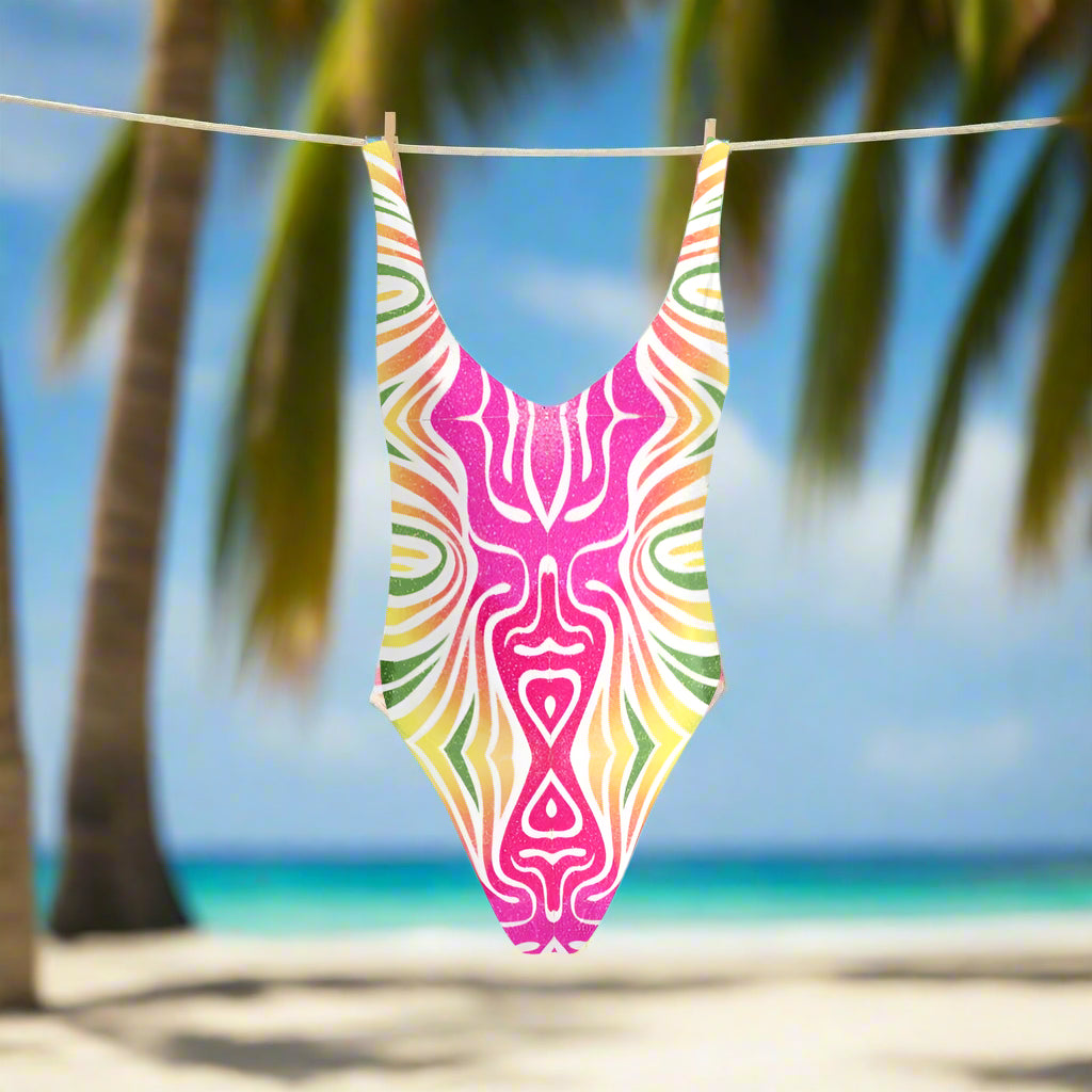 Colorful swimsuit with abstract design hanging on a line in an island beach paradise