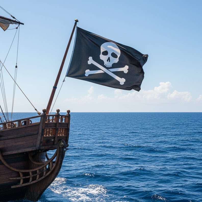 Pirate flag with skull and crossbones design on a black background