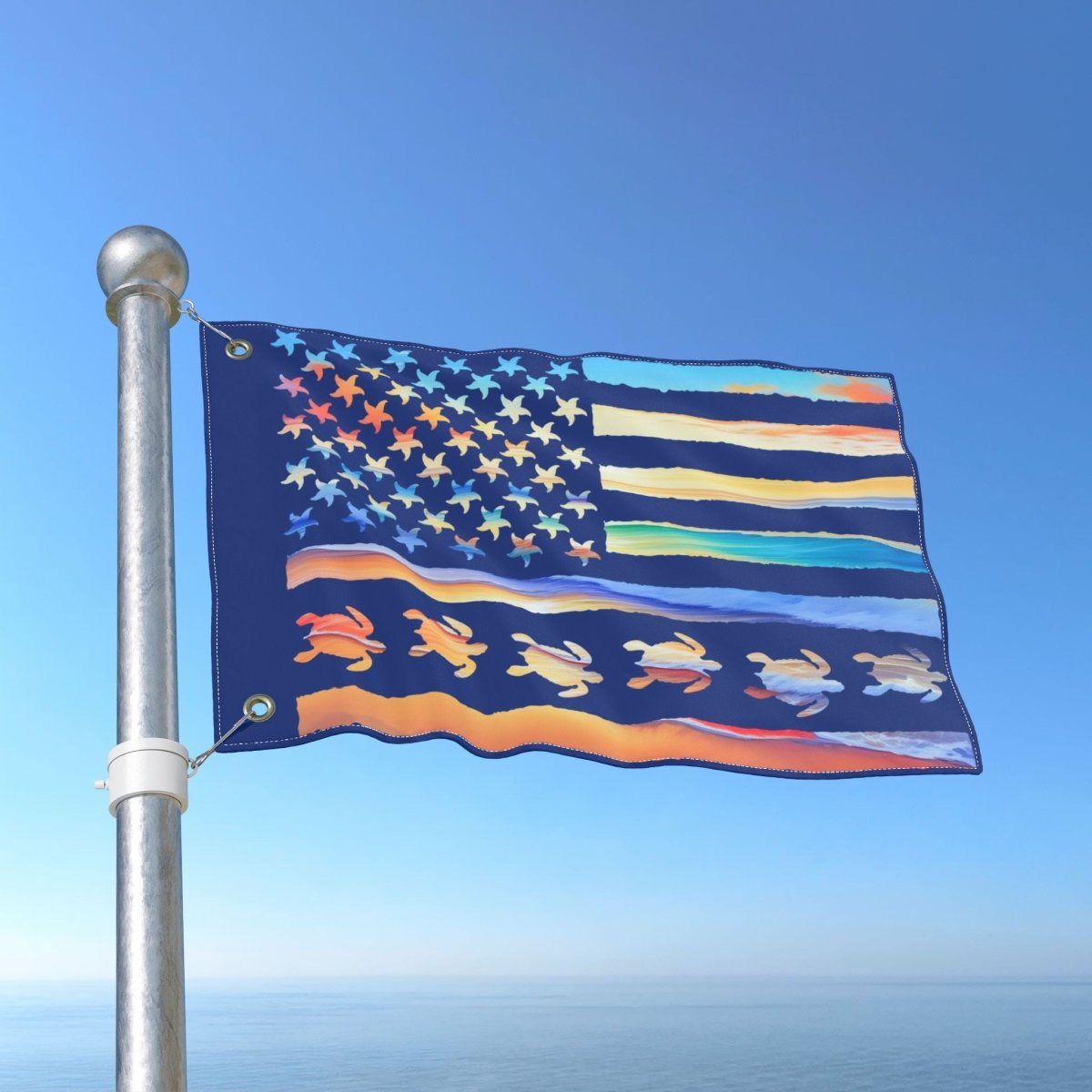 Colorful flag with star design on a pole against a clear blue sky