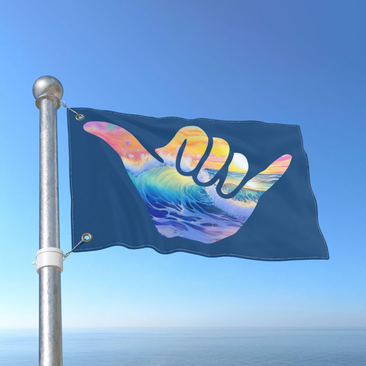 Flag with colorful wave design on a blue background