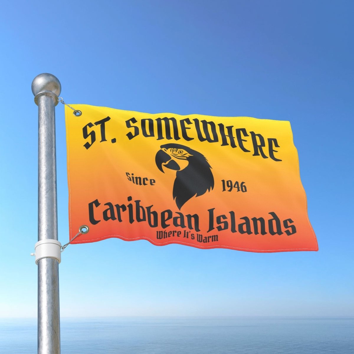 Flag with 'St. Somewhere' text and logo against a blue sky