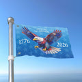 Flag with an eagle design and text '250 Years of Freedom 1776-2026' on a blue background.