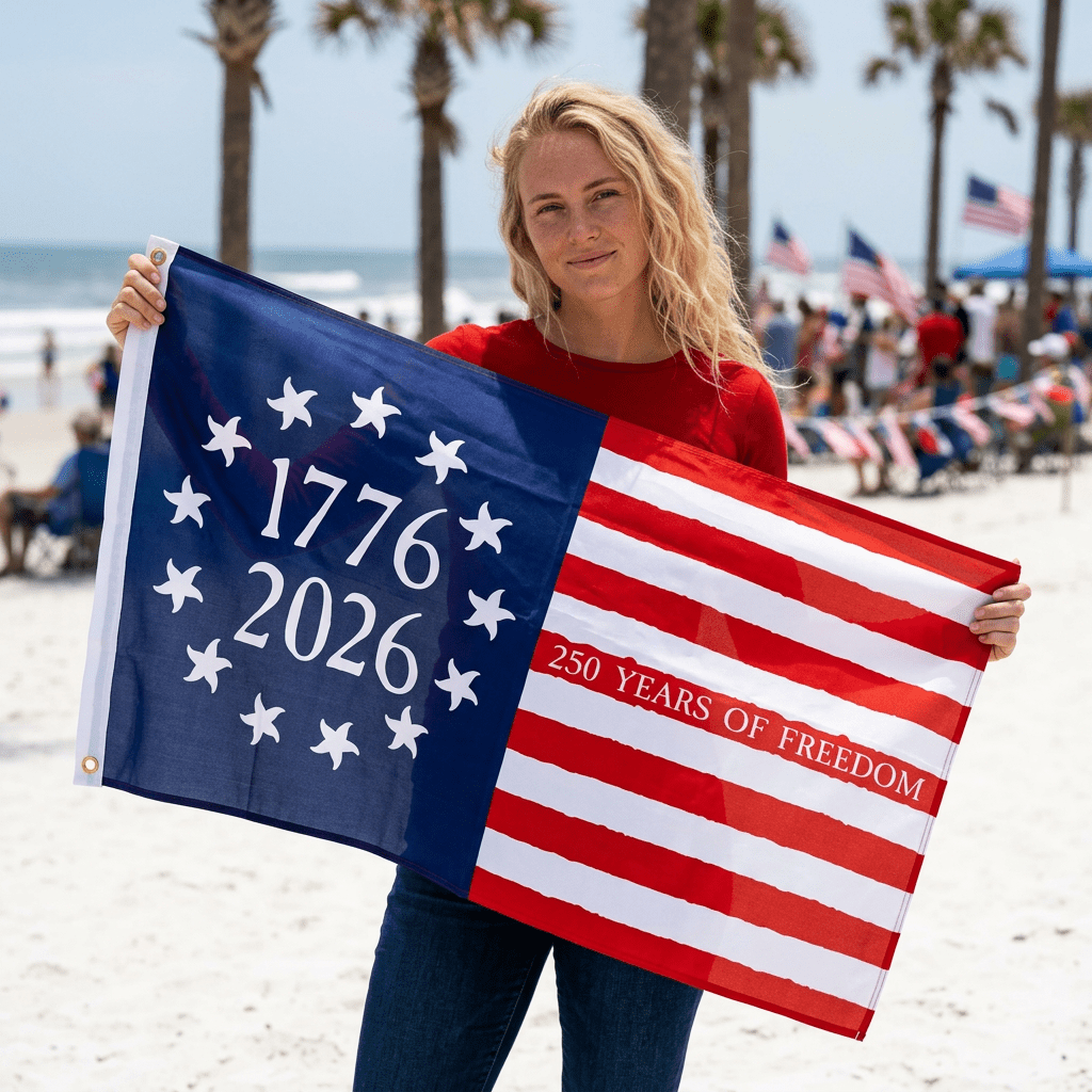 Person holding a flag with 1776–2026 250 Years of Freedom' on a beach.