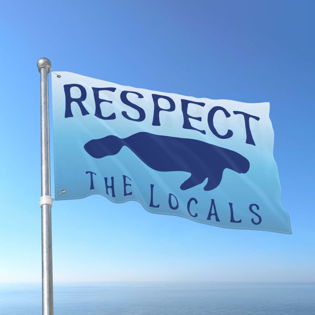 Flag with 'Respect the Locals' text and a silhouette of a platypus against a blue sky.
