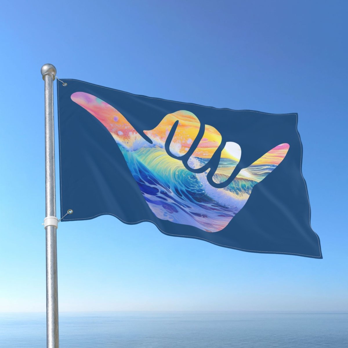 Flag with colorful wave design and 'W' symbol on a blue background