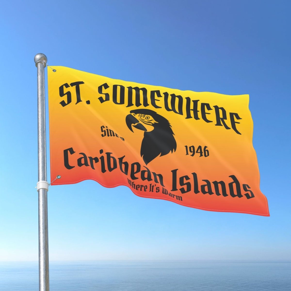 Flag with 'St. Somewhere Caribbean Islands' text and an eagle design against a blue sky.
