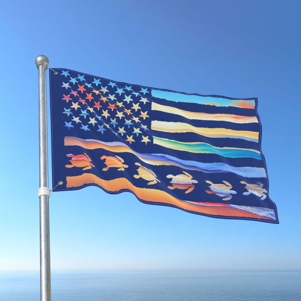 Colorful flag with star and stripe design against a clear blue sky