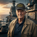 An older man wearing a tan jacket and a dark baseball cap with gold embroidered text stands on a military ship deck at sunset. The cap reads 'UNITED STATES NAVY 1776-2026 250th Anniversary'.