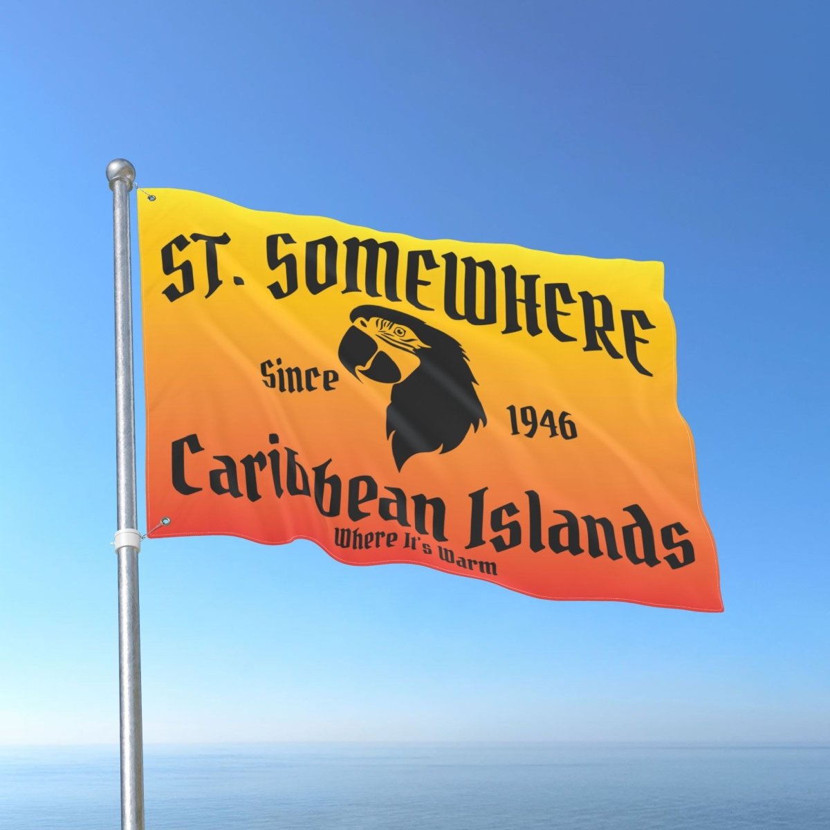 Flag with 'St. Somewhere' text and logo against a blue sky