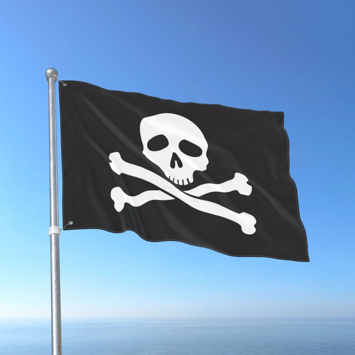 Pirate flag with skull and crossbones on a blue background