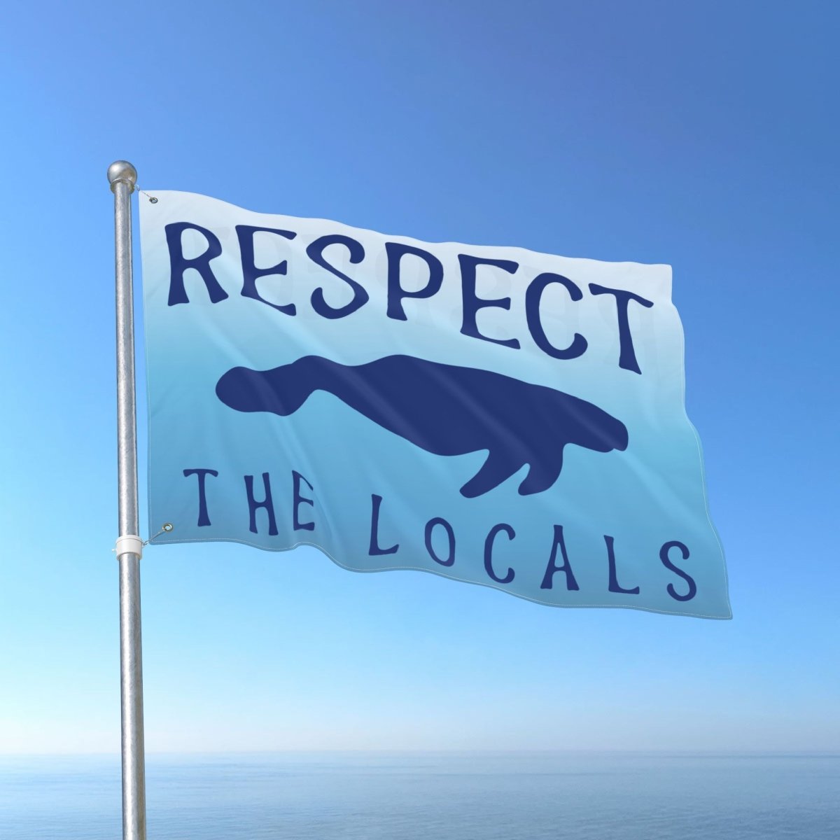 Flag with 'Respect the Locals' text and a logo on a blue background
