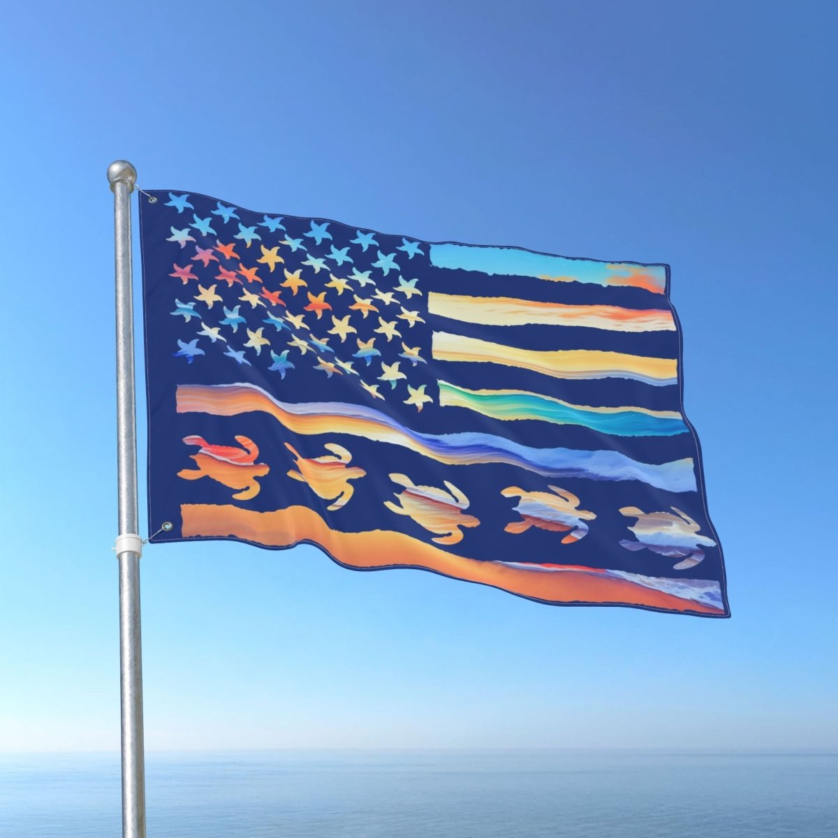 Flag with turtle design against a clear blue sky