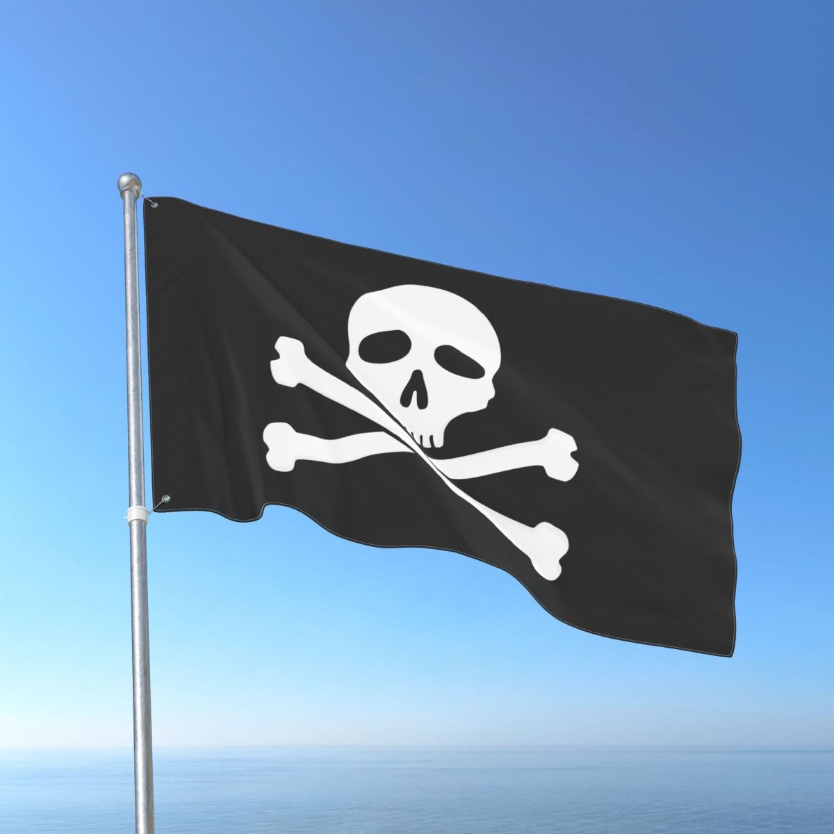 Pirate flag with skull and crossbones on a blue sky background