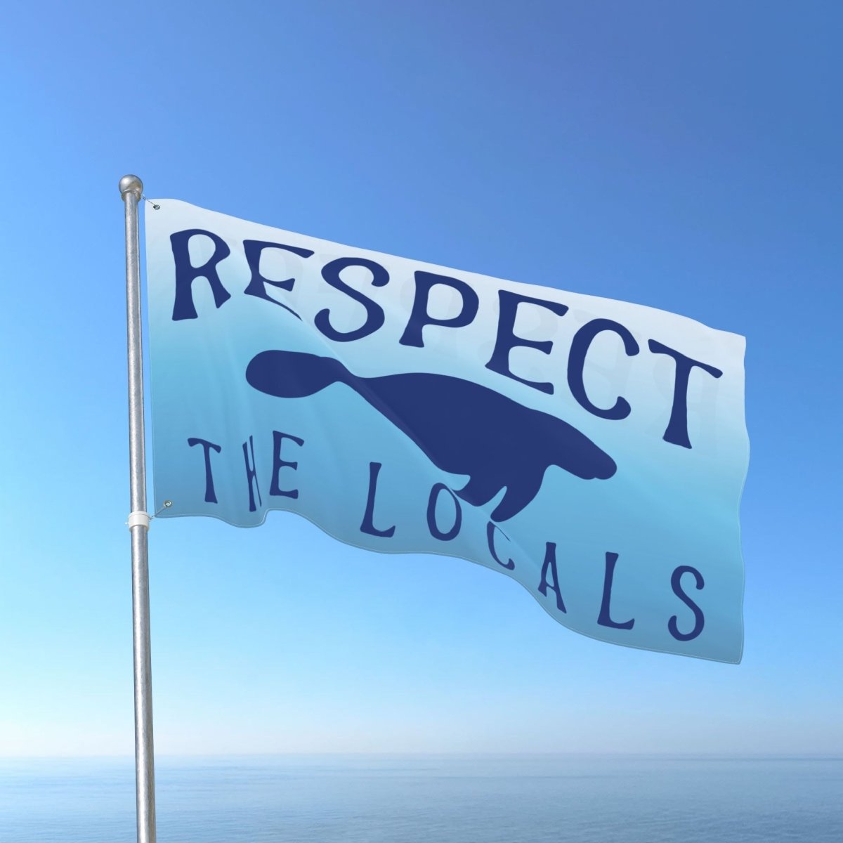 Flag with 'Respect the Locals' text and turtle silhouette against a blue sky.