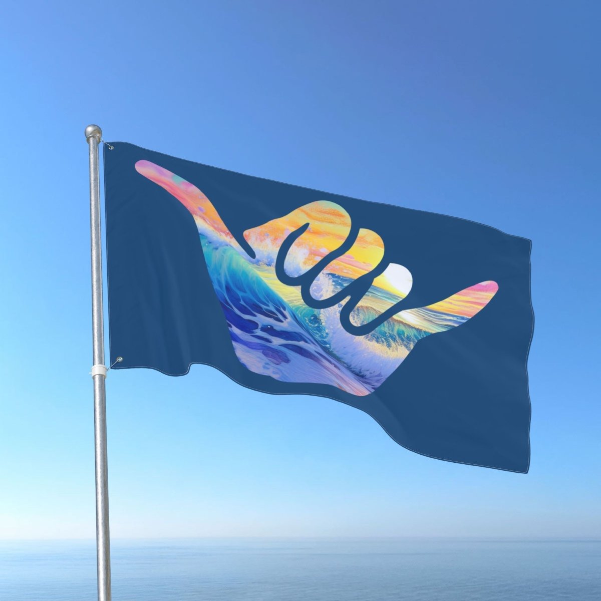 Flag with colorful design on a blue sky background