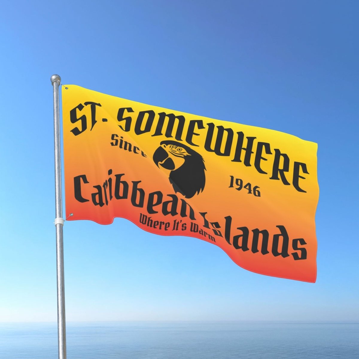 Parrot Head Flag with 'St. Somewhere' text and logo against a blue sky