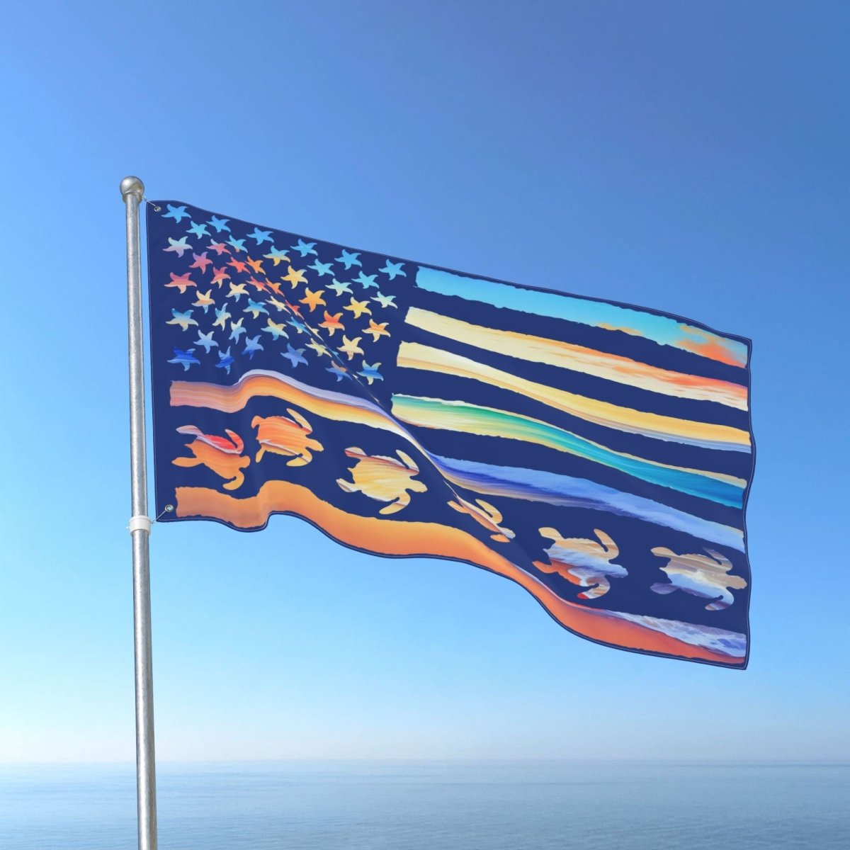 Colorful flag with turtle design against a clear blue sky