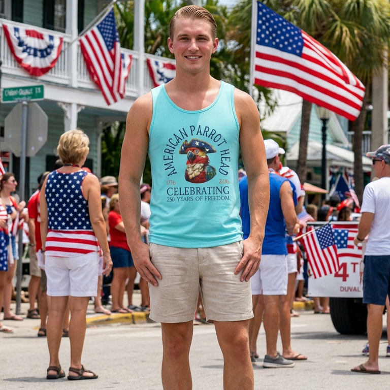Man in a blue tank top with a patriotic ParrotHead design standing in a parade with American flags and people in the background.
