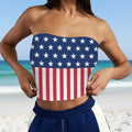 Swimsuit Model wearing a strapless 4th of July Tube Top with an American flag design on Pensacola Beach